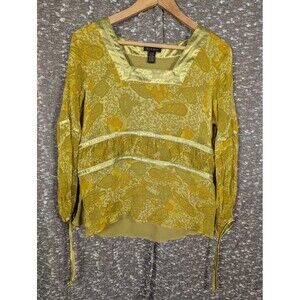 Vintage Sioni Silk Long Sleeve Green Paisley Blouse Women's Medium
